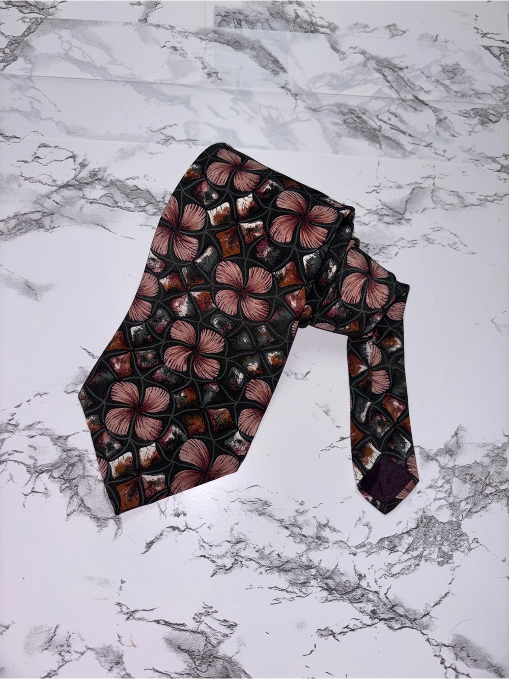 Vintage Christian Dior Green Tie with Brown and Pink Floral Motif